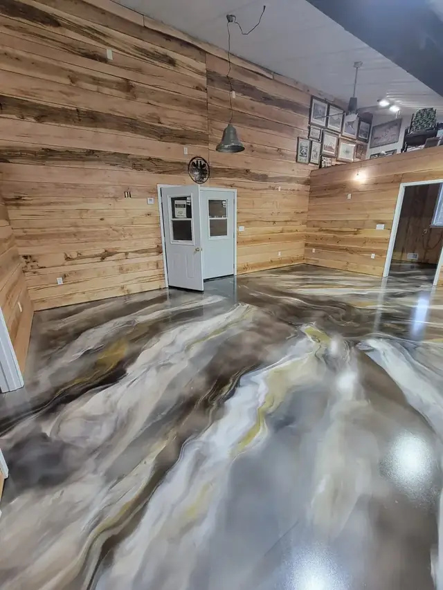 Metallic epoxy floor in a rustic building