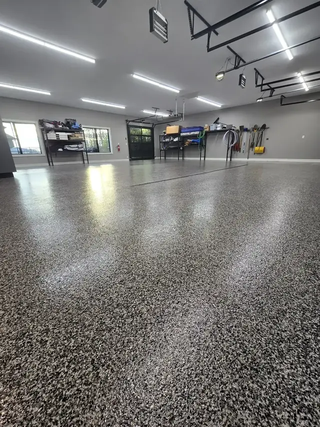 Flake coated shop floor with bright lighting