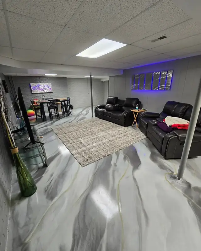 Metallic marble-look basement floor